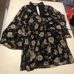 By Together Blouse Size M Tunic Black Floral Long Bell Sleeves 3798